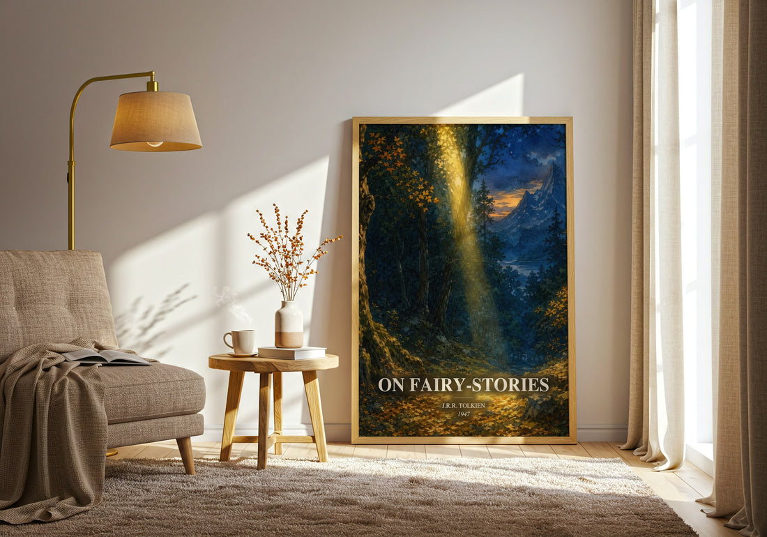 On Fairy-Stories watercolour print in frame leaning in hallway – non fiction wall art (mockup)