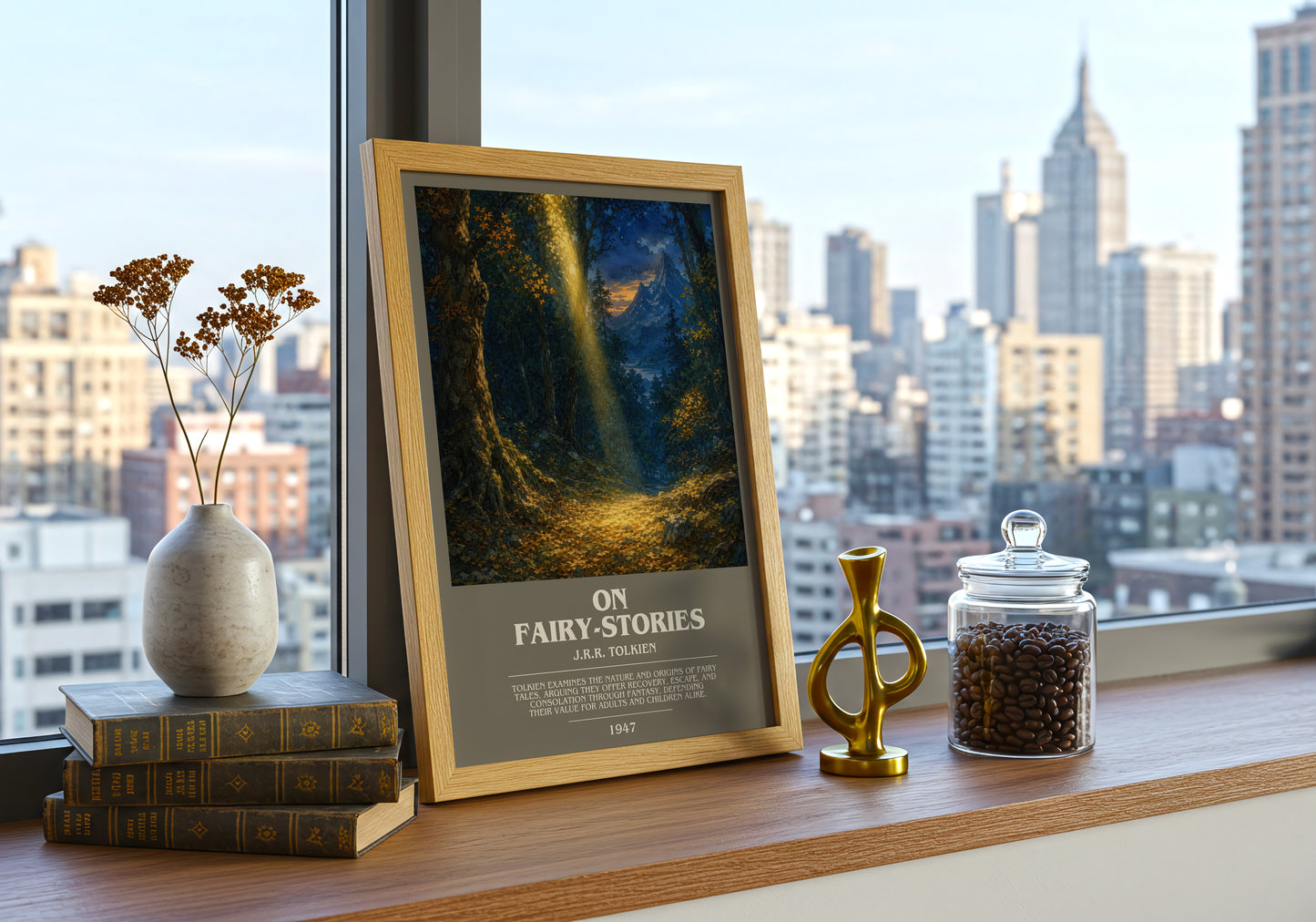 On Fairy-Stories bookish print framed by window – literary home decor