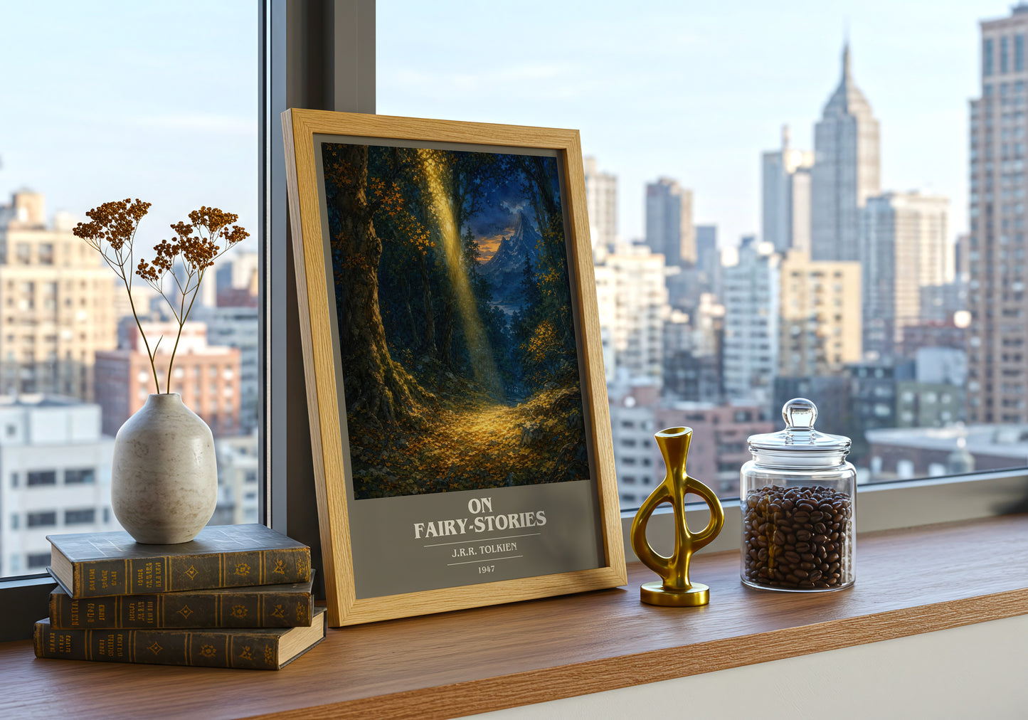 On Fairy-Stories book cover print framed by window – literary home decor