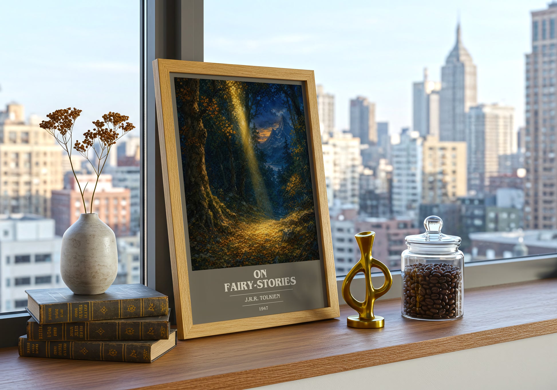 On Fairy-Stories book cover print framed by window – literary home decor