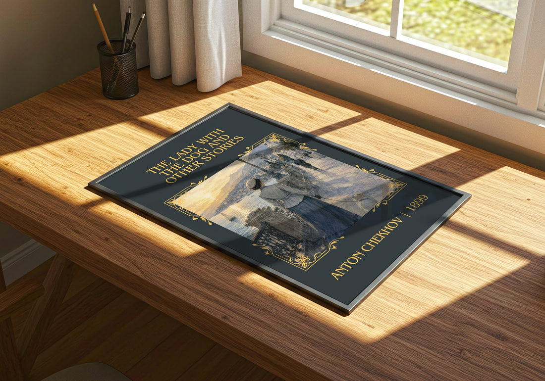 The Lady with the Dog and Other Stories Classic Book Art Print by Anton Chekhov – print on a sunlit desk