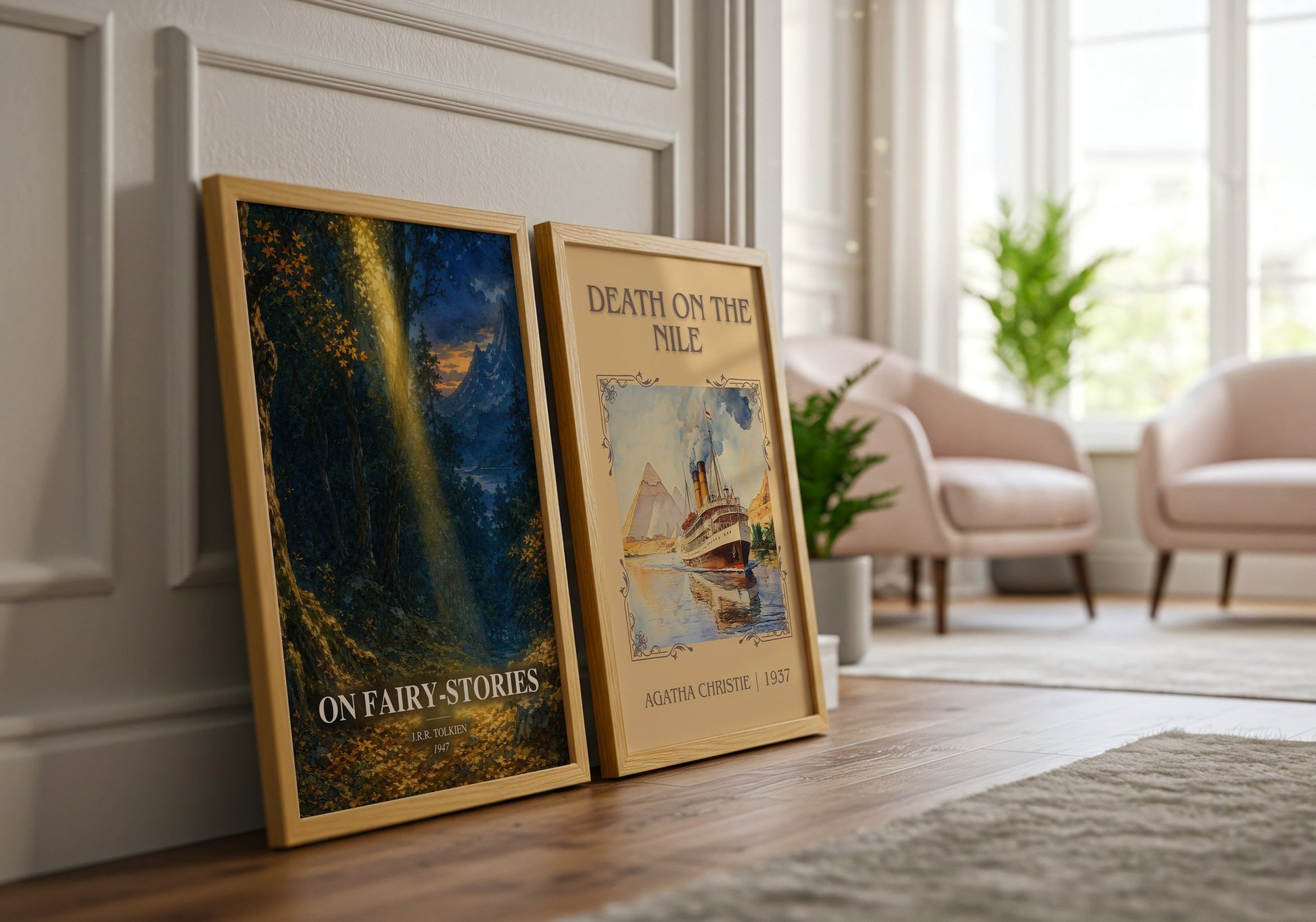 On Fairy-Stories watercolour print framed by window – literary home decor