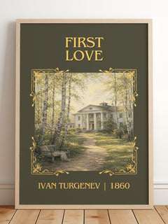 First Love Classic Book Art Print by Ivan Turgenev – framed print leaning on a wooden floor
