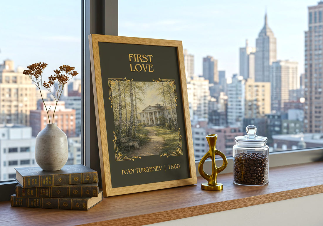 First Love Classic Book Art Print by Ivan Turgenev – framed print on a city-view windowsill