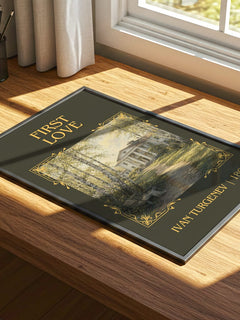 First Love Classic Book Art Print by Ivan Turgenev – print on a sunlit desk