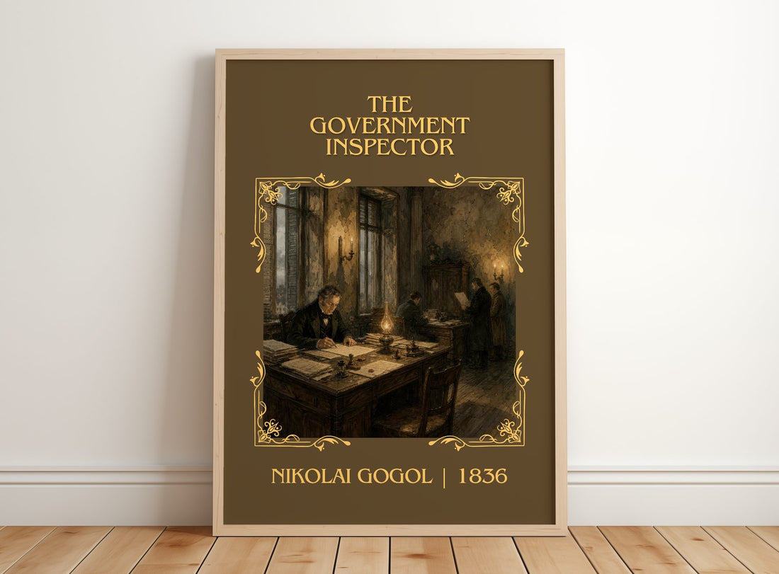 The Government Inspector Classic Book Art Print by Nikolai Gogol – framed print leaning on a wooden floor