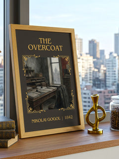The Overcoat Classic Book Art Print by Nikolai Gogol – framed print on a city-view windowsill