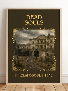 Dead Souls Classic Book Art Print by Nikolai Gogol – framed print leaning on a wooden floor