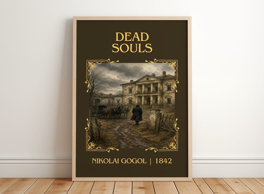 Dead Souls Classic Book Art Print by Nikolai Gogol – framed print leaning on a wooden floor