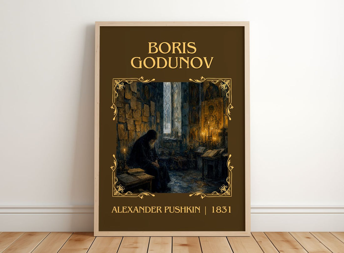 Boris Godunov Classic Book Art Print by Alexander Pushkin – framed print leaning on a wooden floor