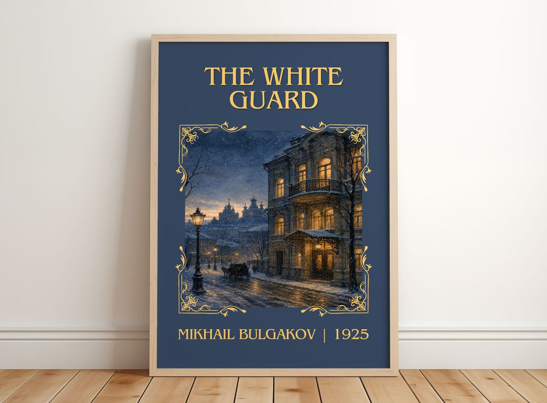 The White Guard Classic Book Art Print by Mikhail Bulgakov – framed print leaning on a wooden floor