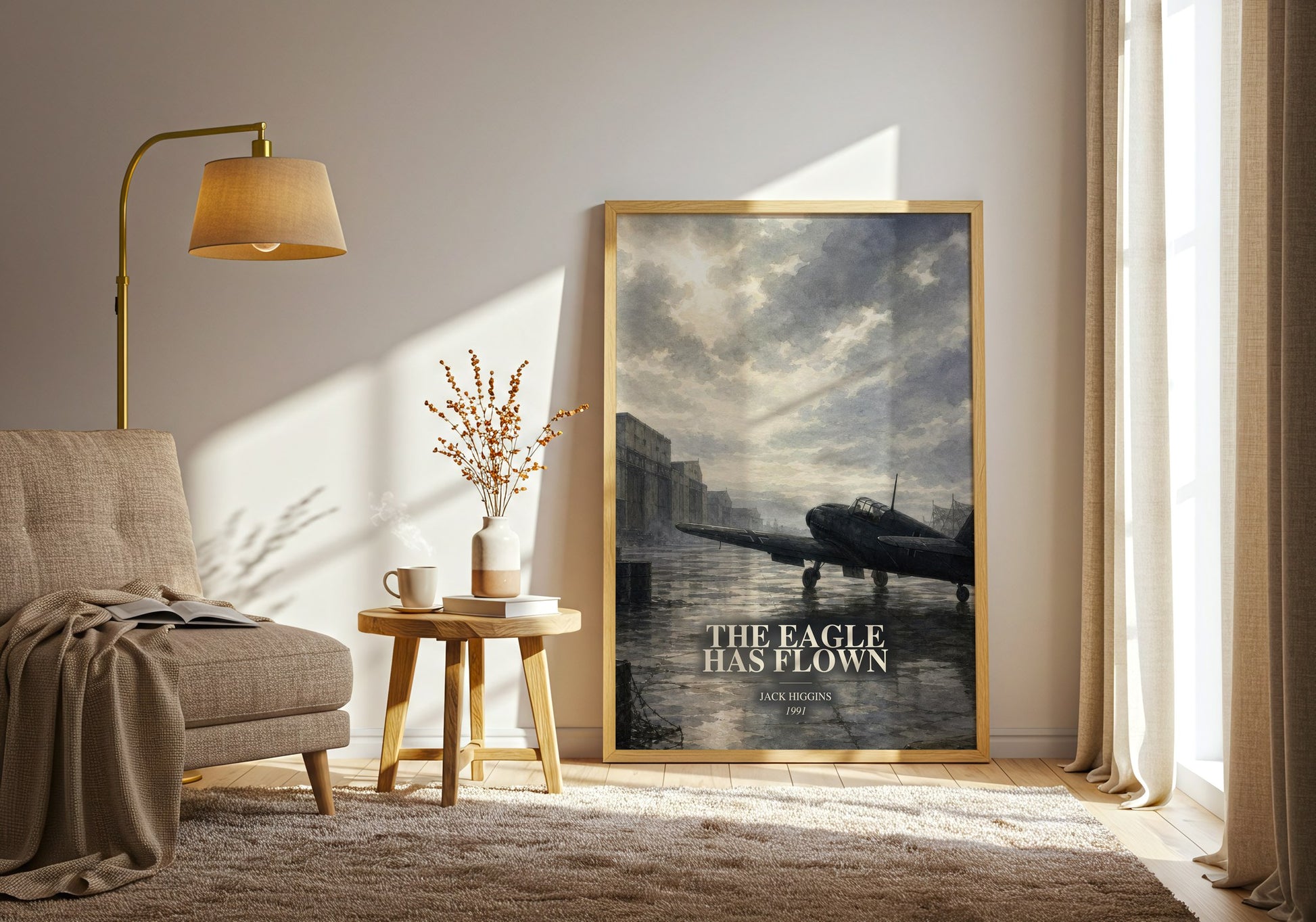 The Eagle Has Flown watercolour print in frame leaning in hallway – thriller wall art