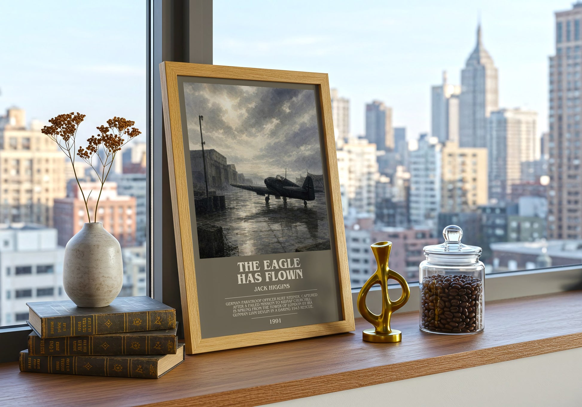 The Eagle Has Flown bookish print framed by window – literary home decor