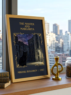 The Master and Margarita Classic Book Art Print by Mikhail Bulgakov – framed print on a city-view windowsill