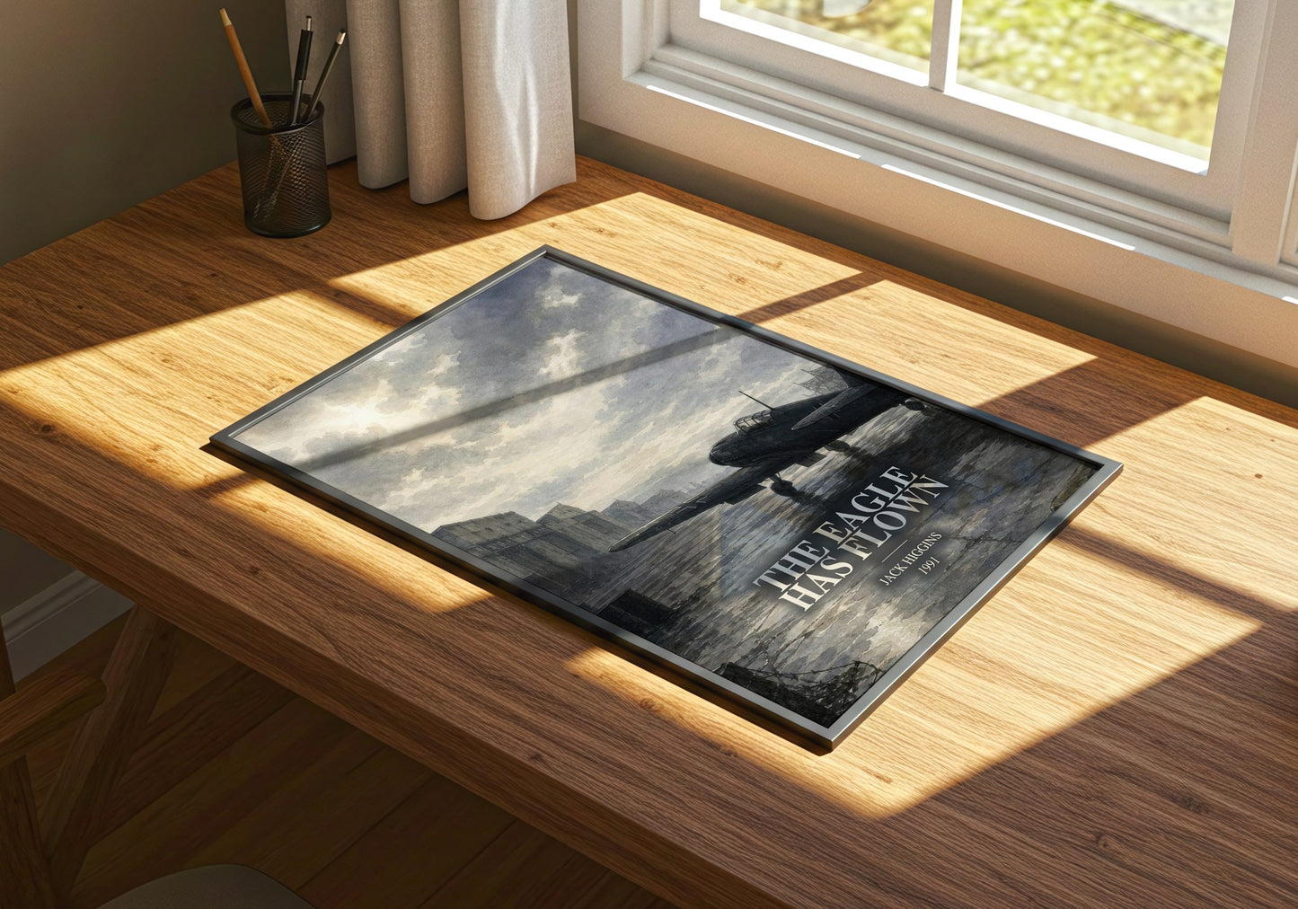 The Eagle Has Flown watercolour book poster framed on wall – thriller wall art
