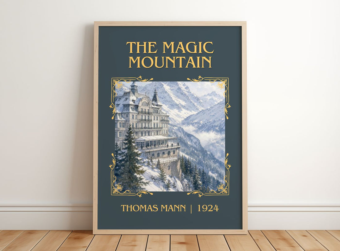 The Magic Mountain Classic Book Art Print by Thomas Mann – framed print leaning on a wooden floor