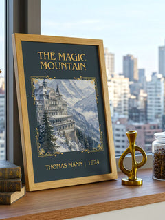 The Magic Mountain Classic Book Art Print by Thomas Mann – framed print on a city-view windowsill