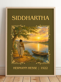 Siddhartha Classic Book Art Print by Hermann Hesse – framed print leaning on a wooden floor