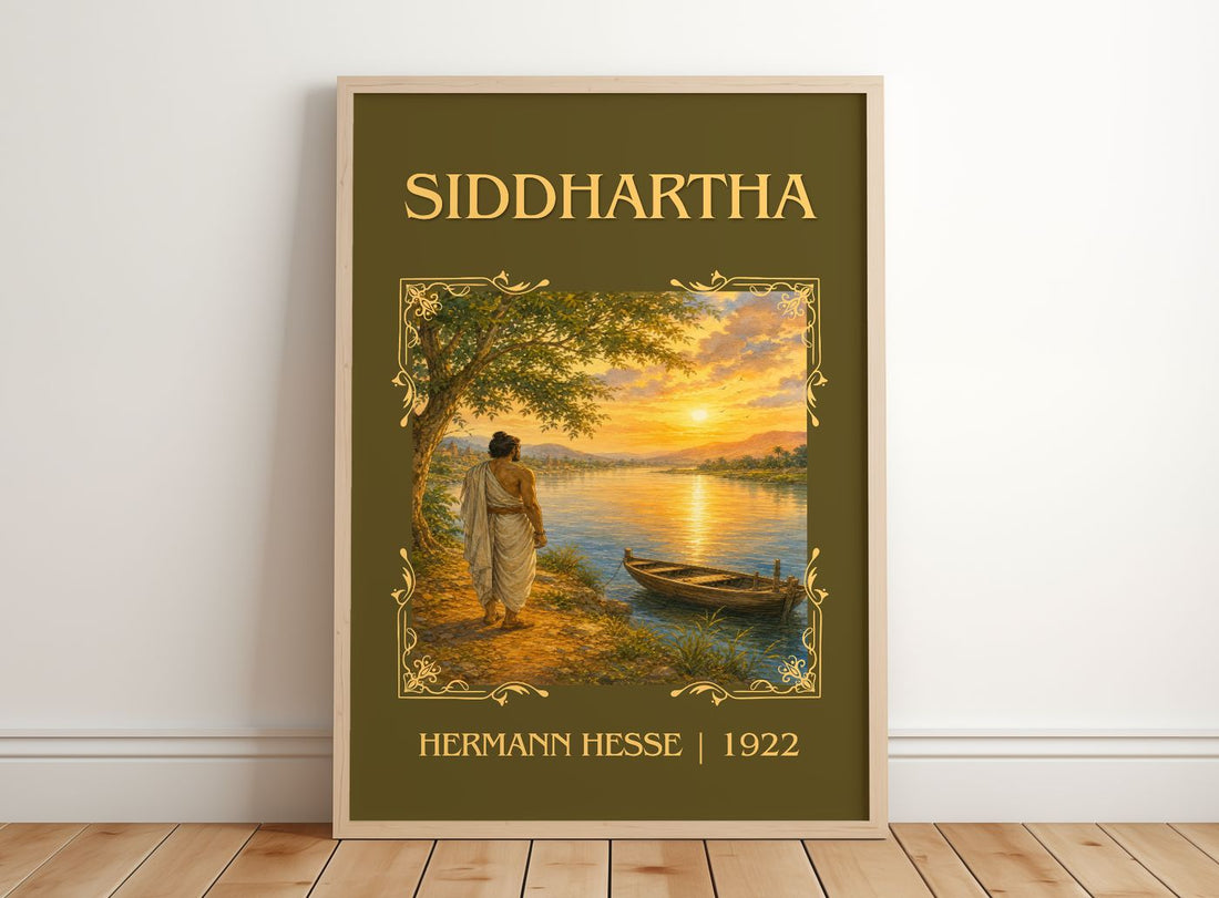 Siddhartha Classic Book Art Print by Hermann Hesse – framed print leaning on a wooden floor
