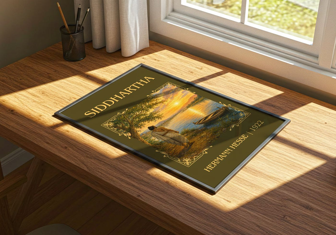 Siddhartha Classic Book Art Print by Hermann Hesse – print on a sunlit desk
