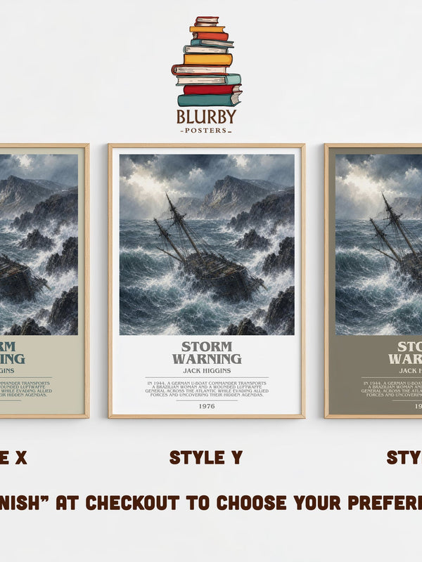 Storm Warning bookish print in frame leaning in hallway – thriller wall art