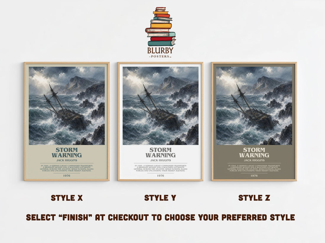 Storm Warning bookish print in frame leaning in hallway – thriller wall art (mockup)
