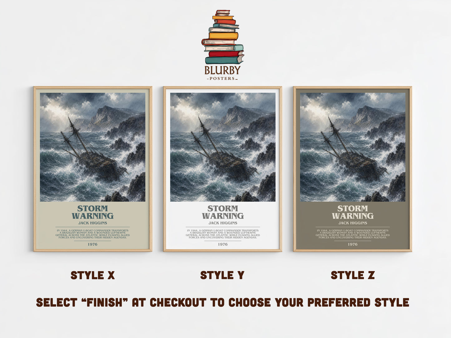 Storm Warning bookish print in frame leaning in hallway – thriller wall art