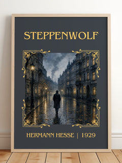 Steppenwolf Classic Book Art Print by Hermann Hesse – framed print leaning on a wooden floor