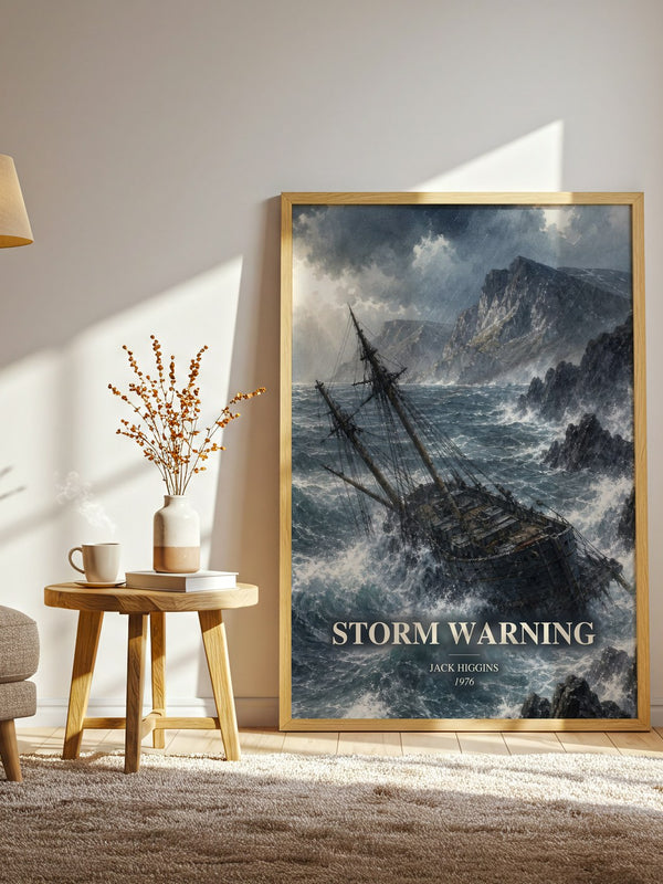 Storm Warning watercolour print in frame leaning in hallway – thriller wall art