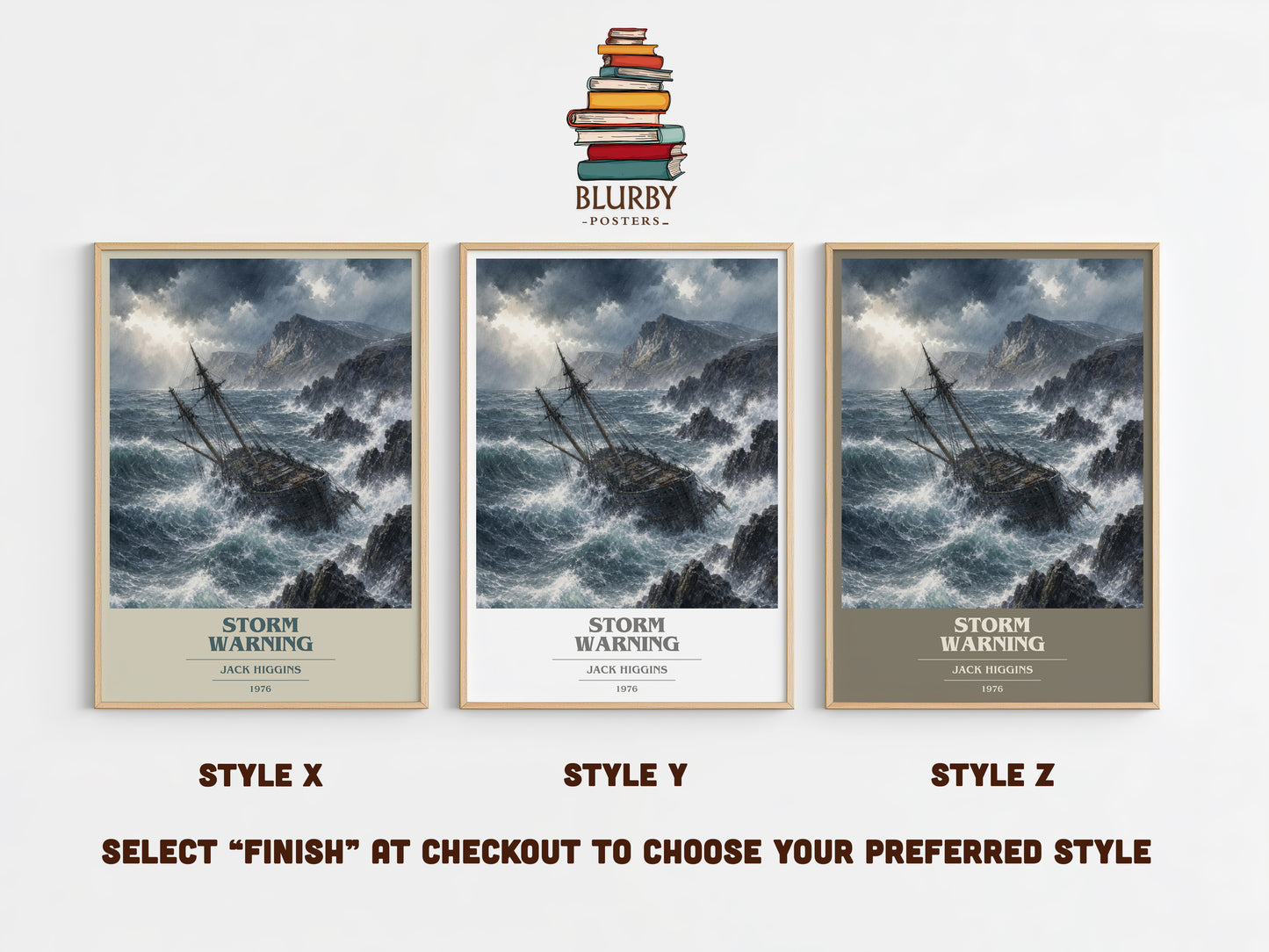 Storm Warning book cover print in frame leaning in hallway – thriller wall art