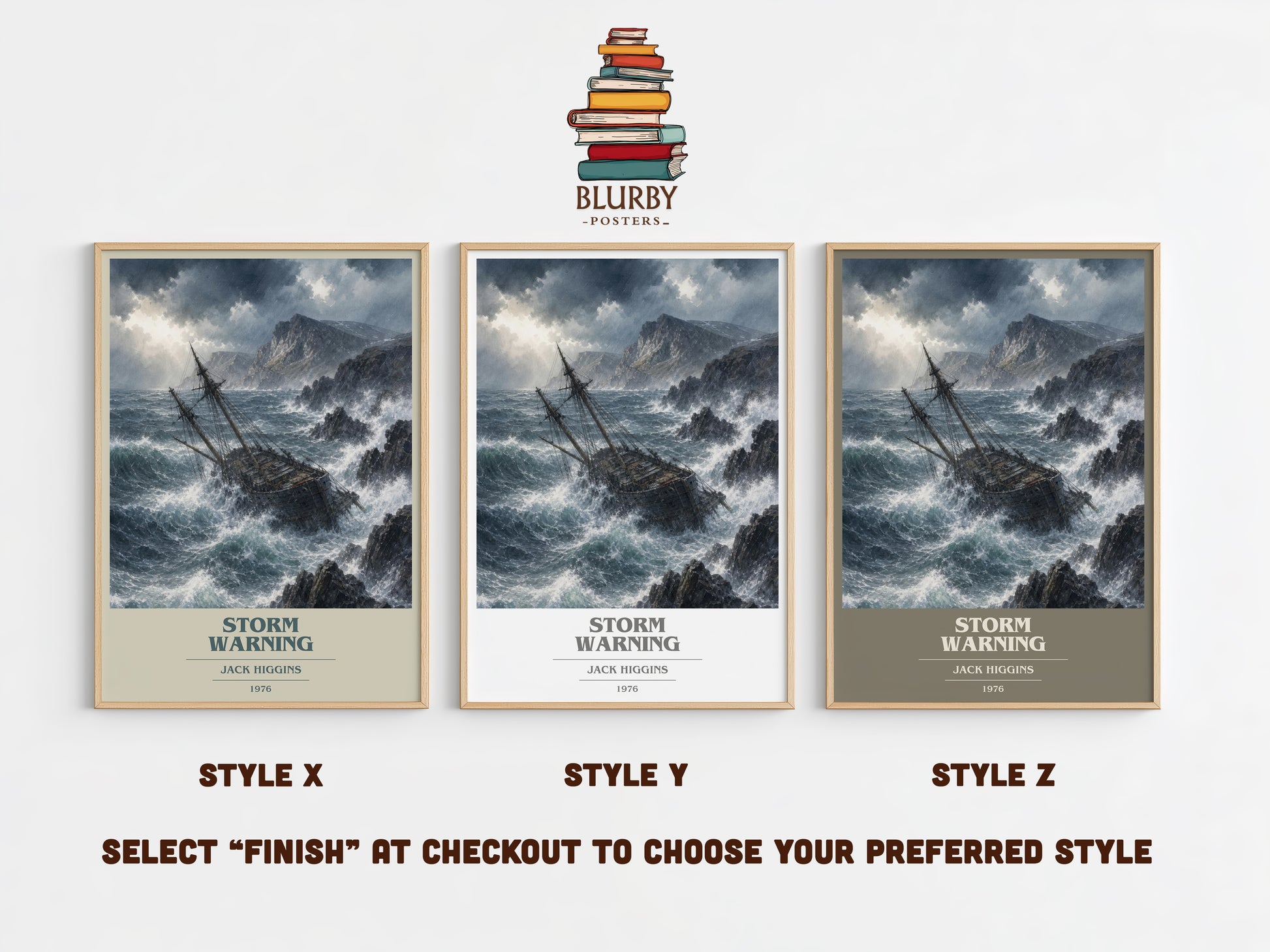 Storm Warning book cover print in frame leaning in hallway – thriller wall art