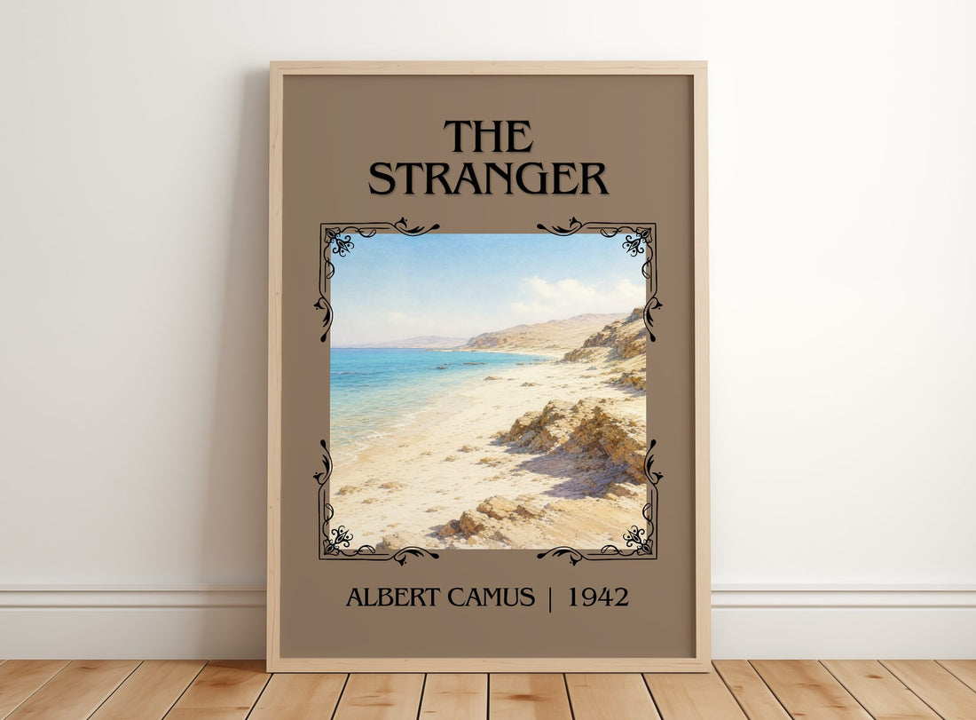 The Stranger Classic Book Art Print by Albert Camus – framed print leaning on a wooden floor