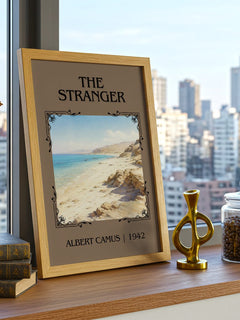 The Stranger Classic Book Art Print by Albert Camus – framed print on a city-view windowsill