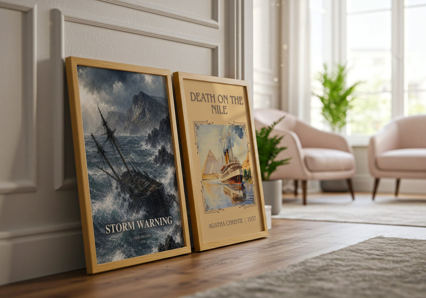 Storm Warning watercolour print framed by window – literary home decor