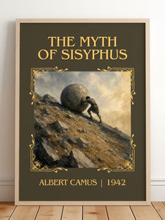 The Myth of Sisyphus Classic Book Art Print by Albert Camus – framed print leaning on a wooden floor