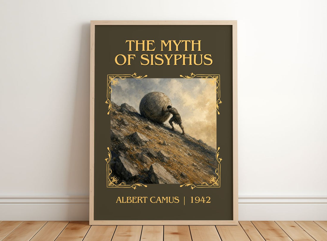 The Myth of Sisyphus Classic Book Art Print by Albert Camus – framed print leaning on a wooden floor