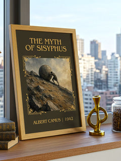 The Myth of Sisyphus Classic Book Art Print by Albert Camus – framed print on a city-view windowsill