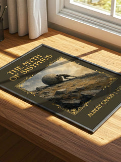 The Myth of Sisyphus Classic Book Art Print by Albert Camus – print on a sunlit desk