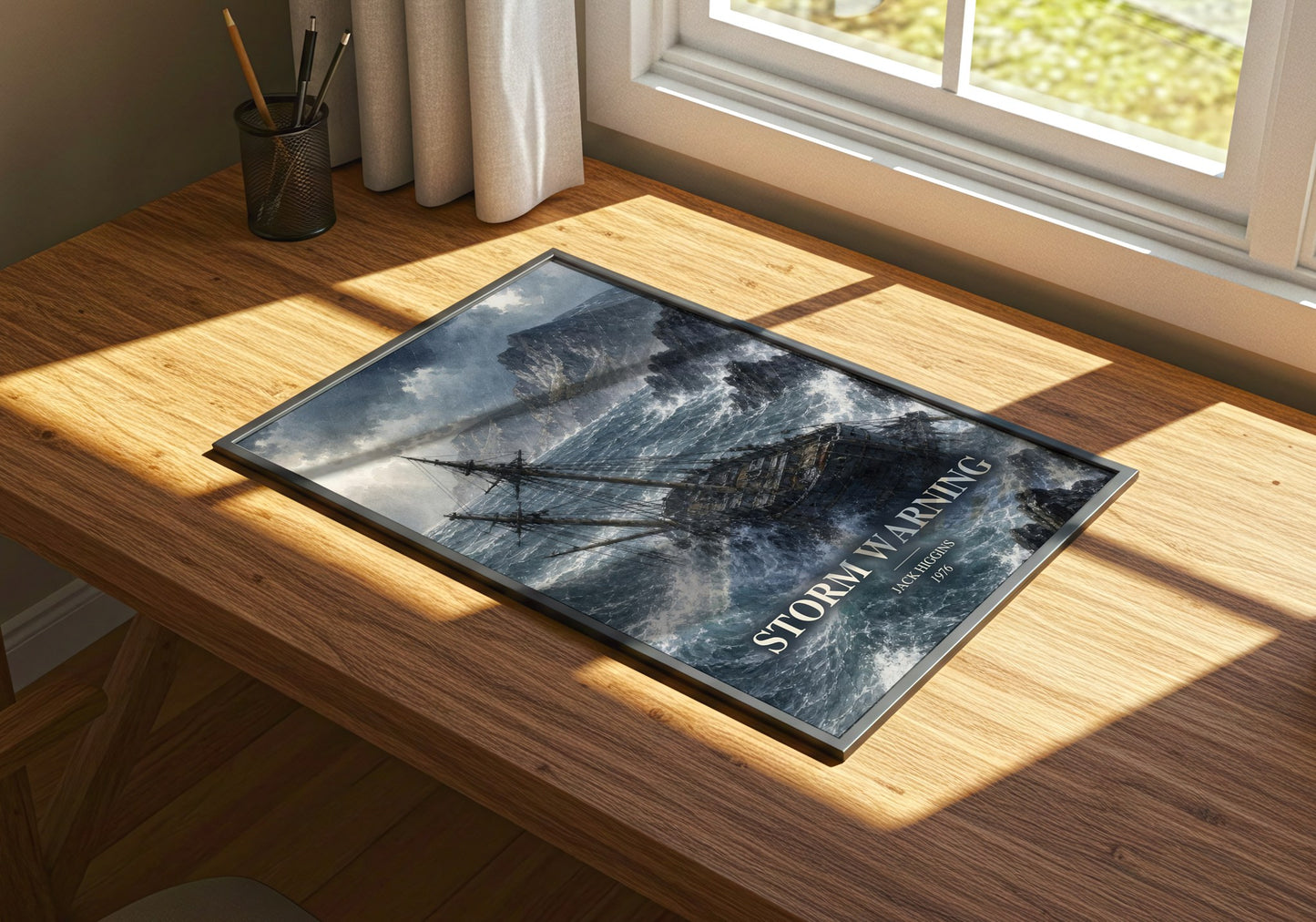 Storm Warning watercolour book poster framed on wall – thriller wall art
