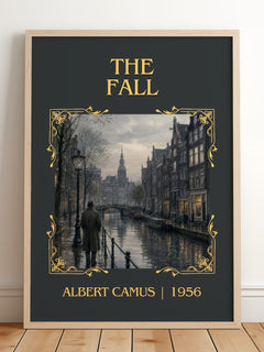 The Fall Classic Book Art Print by Albert Camus – framed print leaning on a wooden floor