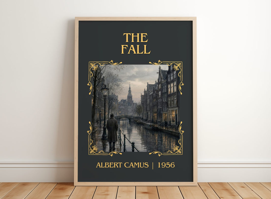 The Fall Classic Book Art Print by Albert Camus – framed print leaning on a wooden floor