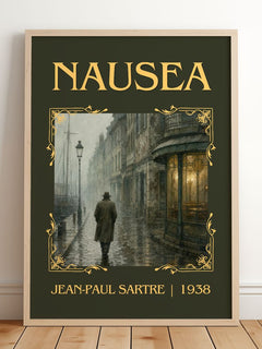 Nausea Classic Book Art Print by Jean-Paul Sartre – framed print leaning on a wooden floor