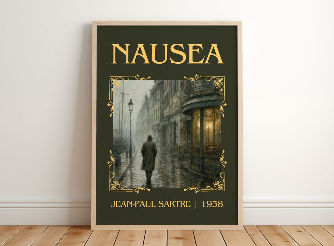 Nausea Classic Book Art Print by Jean-Paul Sartre – framed print leaning on a wooden floor