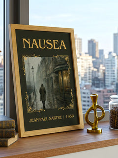 Nausea Classic Book Art Print by Jean-Paul Sartre – framed print on a city-view windowsill