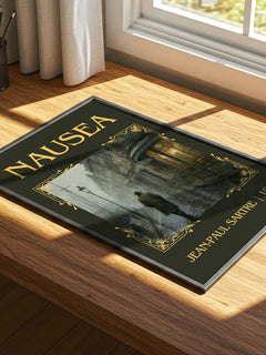 Nausea Classic Book Art Print by Jean-Paul Sartre – print on a sunlit desk