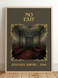 No Exit Classic Book Art Print by Jean-Paul Sartre – framed print leaning on a wooden floor