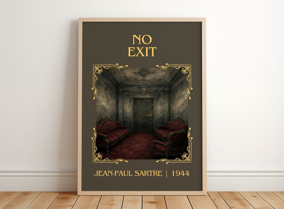 No Exit Classic Book Art Print by Jean-Paul Sartre – framed print leaning on a wooden floor