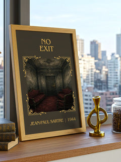 No Exit Classic Book Art Print by Jean-Paul Sartre – framed print on a city-view windowsill