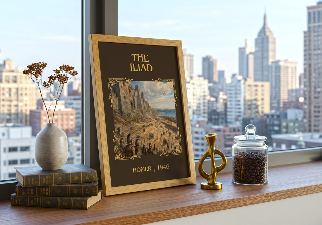 The Iliad Classic Book Art Print by Homer – framed print on a city-view windowsill
