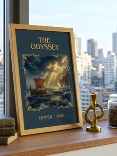 The Odyssey Classic Book Art Print by Homer – framed print on a city-view windowsill